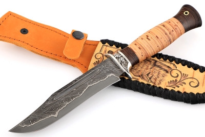Нож Атака (ламинат - 9ХС и дамаск с никелем, рукоять береста, гарда из мельхиора)