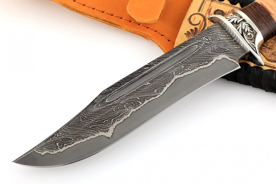 Нож Атака (ламинат - 9ХС и дамаск с никелем, рукоять береста, гарда из мельхиора)