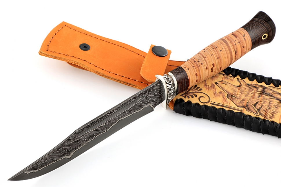 Нож Атака (ламинат - 9ХС и дамаск с никелем, рукоять береста, гарда из мельхиора)