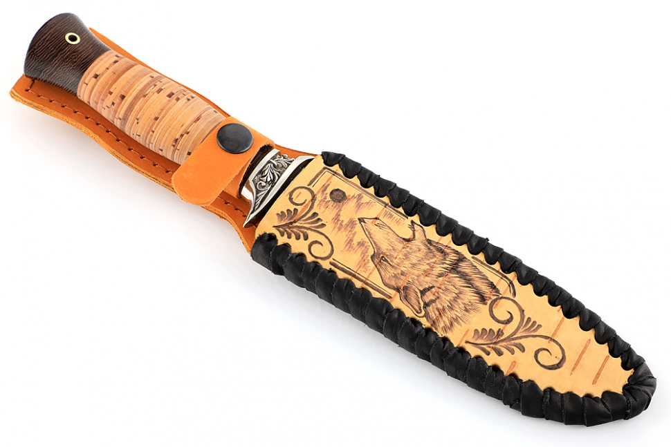 Нож Атака (ламинат - 9ХС и дамаск с никелем, рукоять береста, гарда из мельхиора)