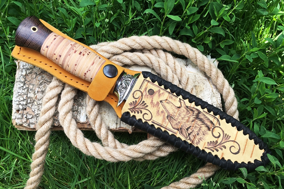 Нож Атака (ламинат - 9ХС и дамаск с никелем, рукоять береста, гарда из мельхиора)