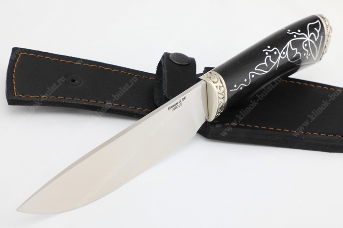 Нож Глухарь (S390, черный граб, инкрустация, мельхиор) резная рукоять (1)