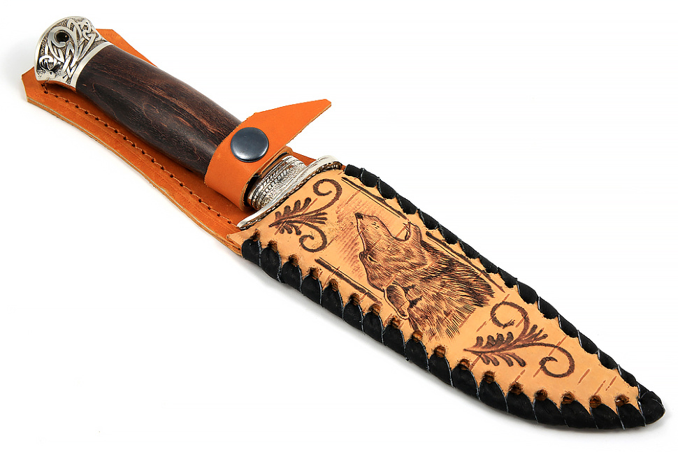 Нож Гладиатор (S390, коричневая стабилизированная карельская берёза - мельхиор)