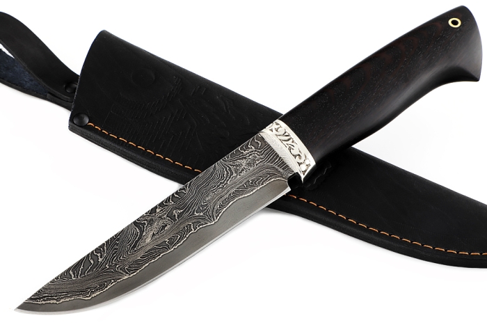 Нож Стрела (ламинат - 9ХС и дамаск с никелем, рукоять чёрный граб, гарда мельхиор)