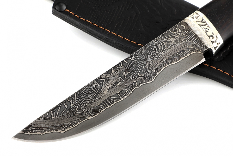 Нож Стрела (ламинат - 9ХС и дамаск с никелем, рукоять чёрный граб, гарда мельхиор)