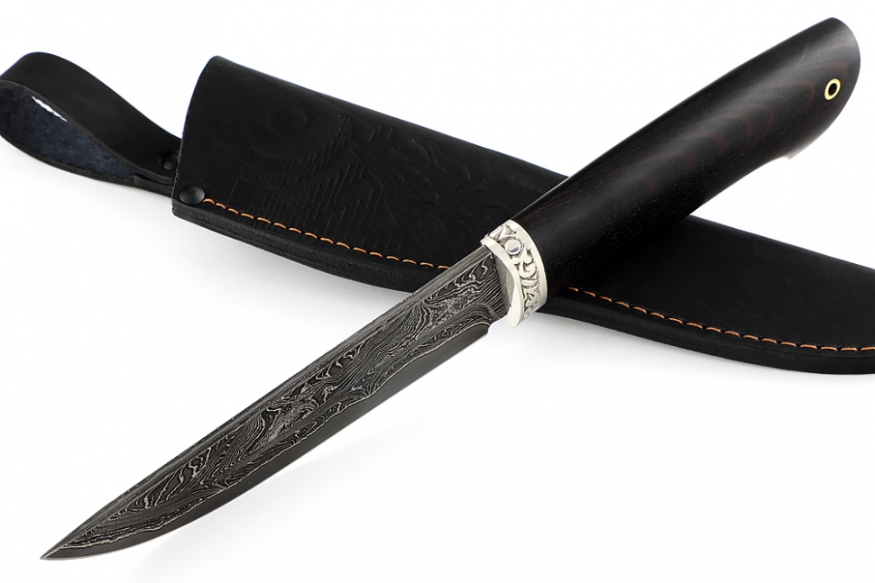 Нож Стрела (ламинат - 9ХС и дамаск с никелем, рукоять чёрный граб, гарда мельхиор)