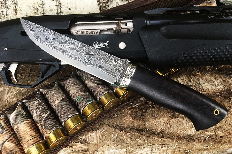 Нож Стрела (ламинат - 9ХС и дамаск с никелем, рукоять чёрный граб, гарда мельхиор)