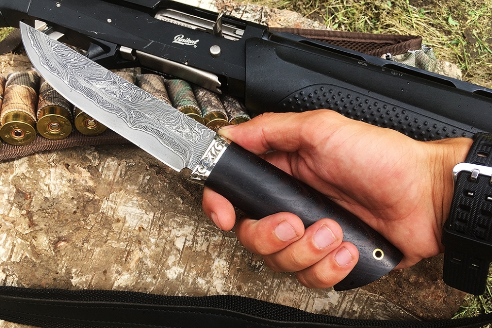 Нож Стрела (ламинат - 9ХС и дамаск с никелем, рукоять чёрный граб, гарда мельхиор)