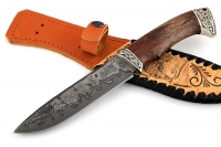 Нож Скат (ламинат - 9ХС и дамаск с никелем, рукоять стабилизированная карельская берёза - мельхиор)