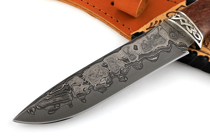 Нож Скат (ламинат - 9ХС и дамаск с никелем, рукоять стабилизированная карельская берёза - мельхиор)