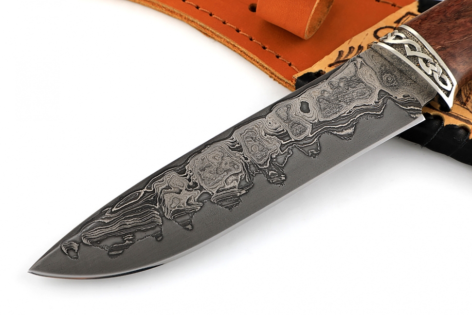 Нож Скат (ламинат - 9ХС и дамаск с никелем, рукоять стабилизированная карельская берёза - мельхиор)