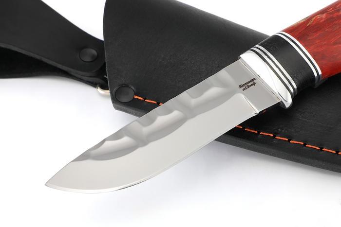 Нож Финт (х12МФ долы-камень, вставка черный граб, карельская берёза красная)