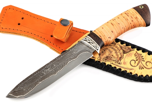 Нож Скат (ламинат - 9ХС и дамаск с никелем, рукоять береста, гарда мельхиор)
