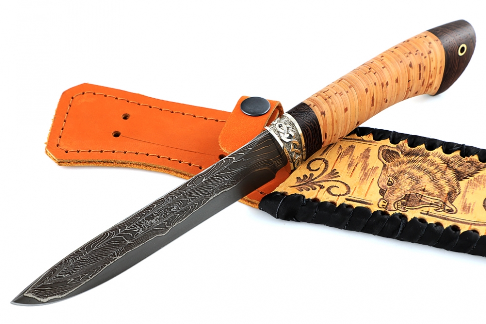 Нож Скат (ламинат - 9ХС и дамаск с никелем, рукоять береста, гарда мельхиор)
