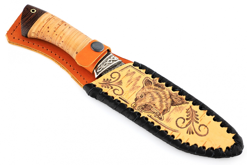 Нож Скат (ламинат - 9ХС и дамаск с никелем, рукоять береста, гарда мельхиор)