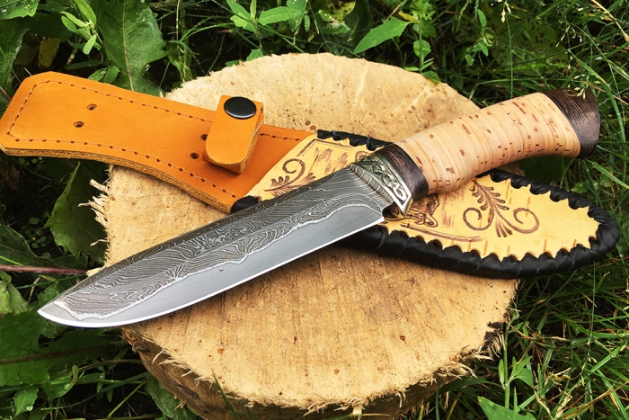 Нож Скат (ламинат - 9ХС и дамаск с никелем, рукоять береста, гарда мельхиор)