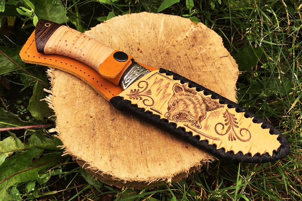 Нож Скат (ламинат - 9ХС и дамаск с никелем, рукоять береста, гарда мельхиор)