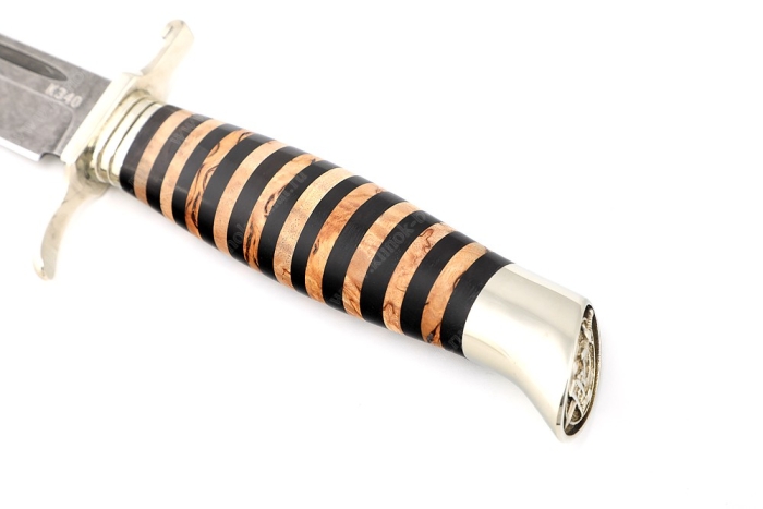 Финка НКВД (сталь К340, рукоять наборная чёрный граб - карельская берёза - мельхиор)