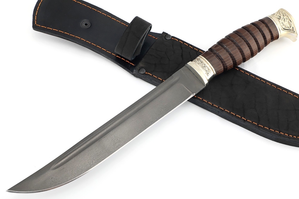 Нож Пластун (казачий пластунский нож) сталь булат, рукоять мельхиор, ясень термоциклированный