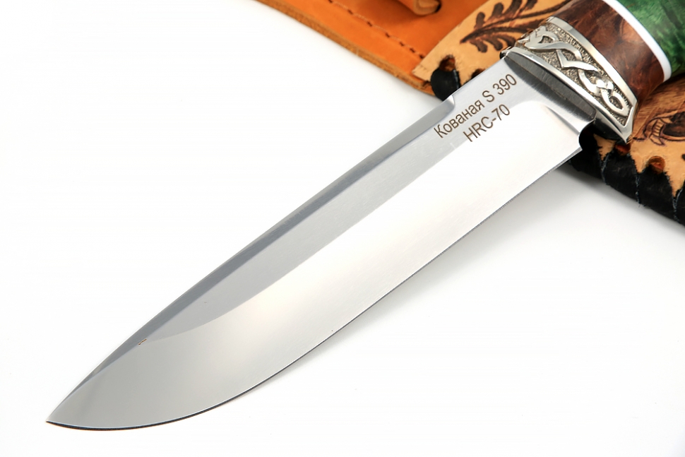 Нож Скат (S390, зелёная стабилизированная карельская берёза - наборная) гарда мельхиор