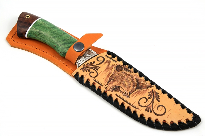 Нож Скат (S390, зелёная стабилизированная карельская берёза - наборная) гарда мельхиор