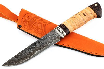 Нож Стрела (ламинат - 9ХС и дамаск с никелем, рукоять береста, гарда мельхиор)