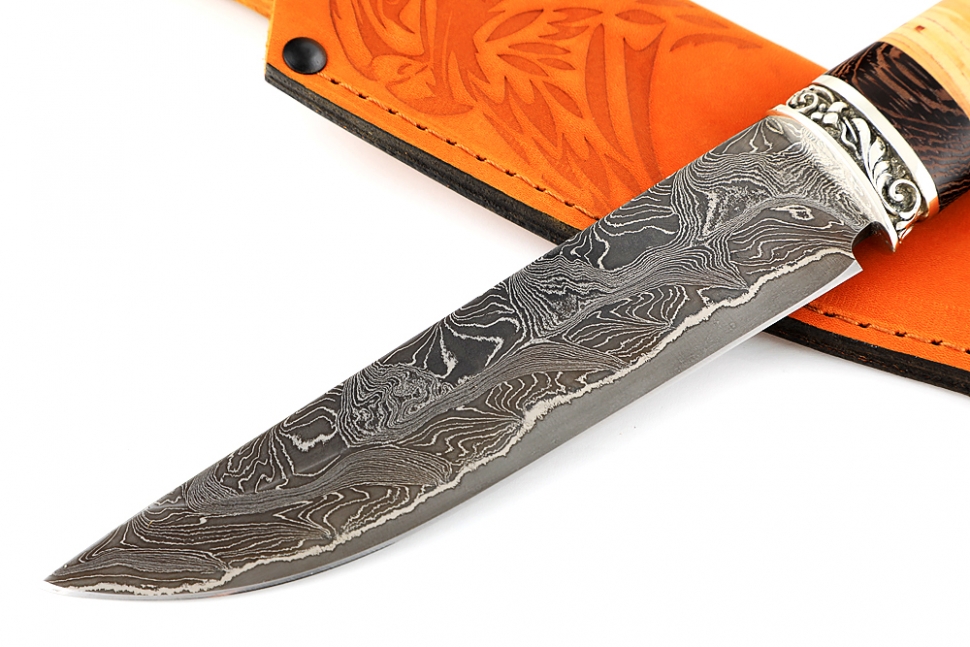 Нож Стрела (ламинат - 9ХС и дамаск с никелем, рукоять береста, гарда мельхиор)