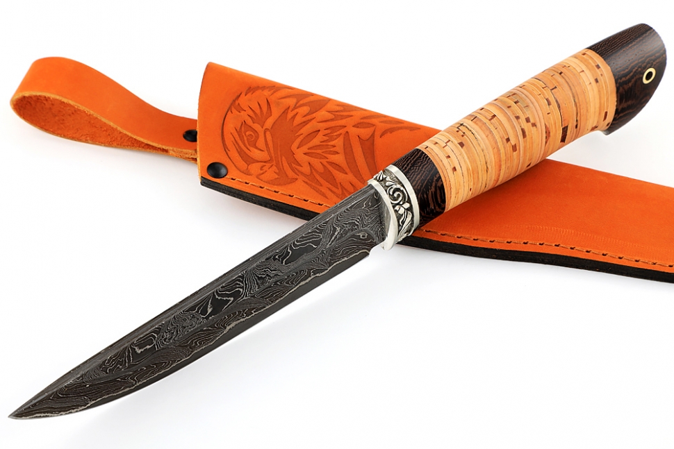 Нож Стрела (ламинат - 9ХС и дамаск с никелем, рукоять береста, гарда мельхиор)