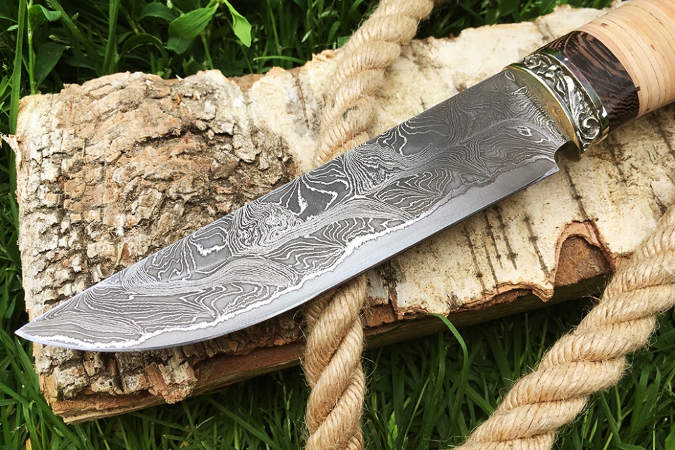 Нож Стрела (ламинат - 9ХС и дамаск с никелем, рукоять береста, гарда мельхиор)