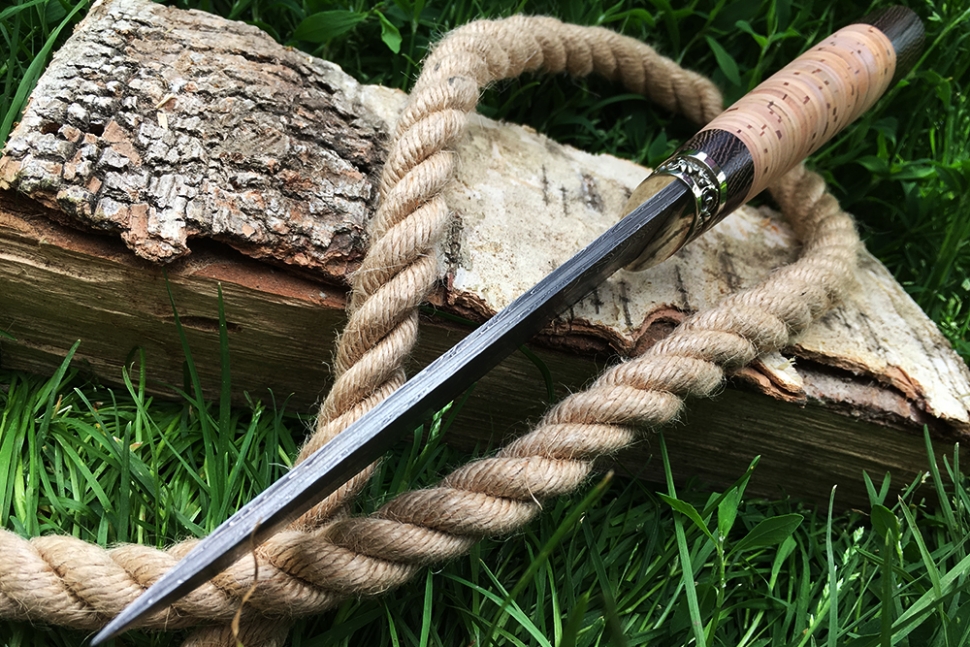 Нож Стрела (ламинат - 9ХС и дамаск с никелем, рукоять береста, гарда мельхиор)