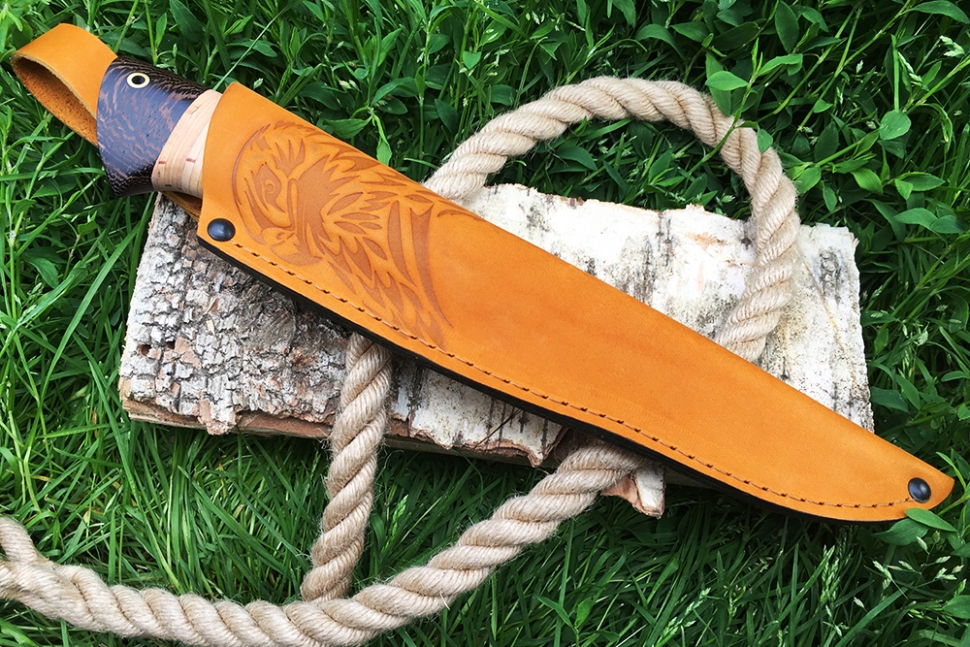 Нож Стрела (ламинат - 9ХС и дамаск с никелем, рукоять береста, гарда мельхиор)