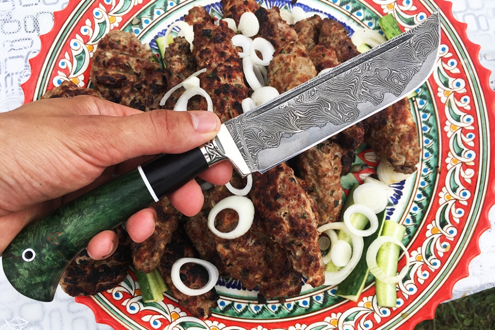 Нож Узбек-2 (ламинат - 9ХС и дамаск с никелем, стабилизированная карельская берёза - мельхиор)