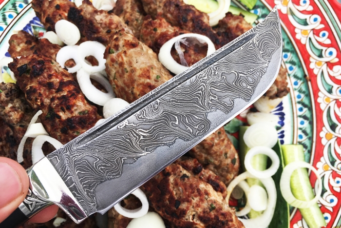 Нож Узбек-2 (ламинат - 9ХС и дамаск с никелем, стабилизированная карельская берёза - мельхиор)