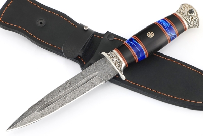 Нож Перо (дамаск, чёрный граб вставки акрил синий - мельхиор)