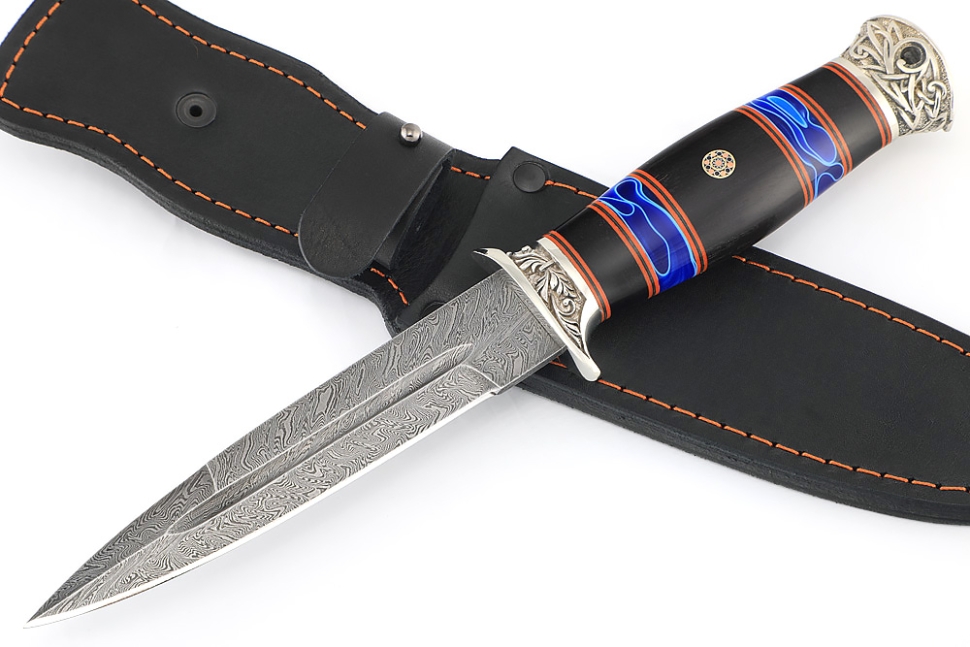 Нож Перо (дамаск, чёрный граб вставки акрил синий - мельхиор)