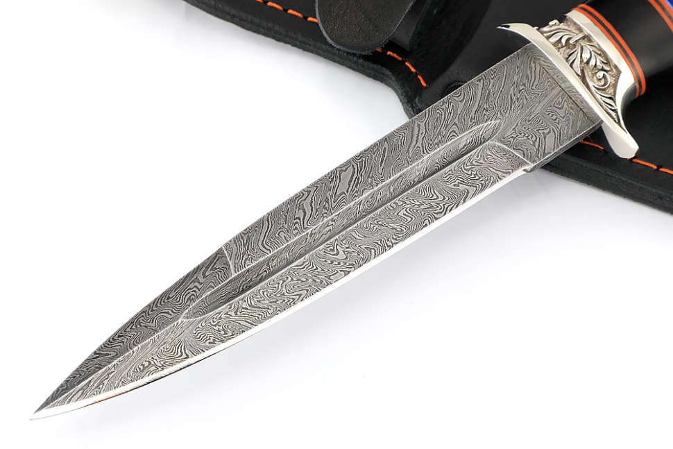 Нож Перо (дамаск, чёрный граб вставки акрил синий - мельхиор)