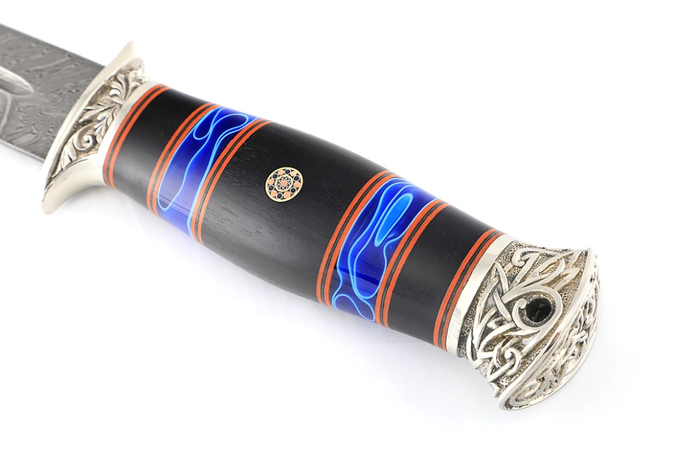 Нож Перо (дамаск, чёрный граб вставки акрил синий - мельхиор)