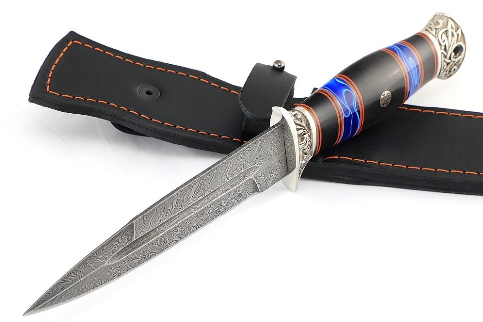 Нож Перо (дамаск, чёрный граб вставки акрил синий - мельхиор)