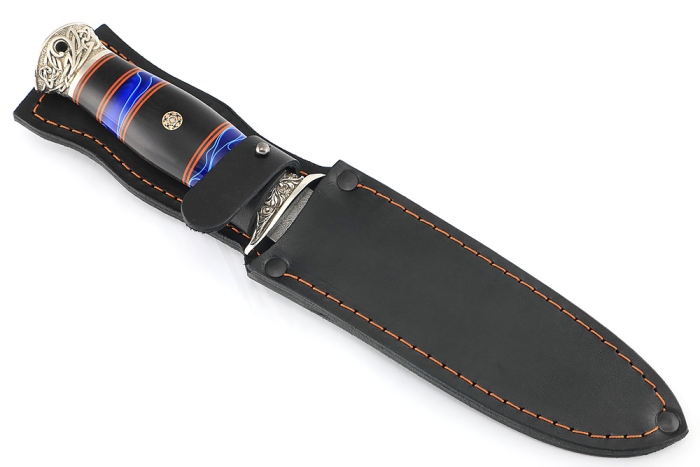 Нож Перо (дамаск, чёрный граб вставки акрил синий - мельхиор)