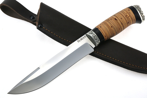 Нож Таран (порошковая сталь Elmax, береста - чёрный граб - мельхиор)