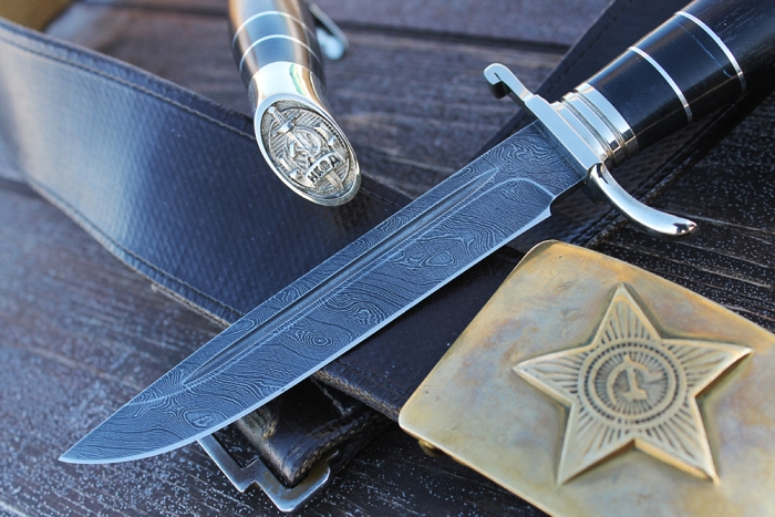 Финка НКВД (дамаск, рукоять наборная чёрный граб - литьё)