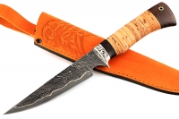 Нож Комар (ламинат - 9ХС и дамаск с никелем, рукоять береста, гарда мельхиор)