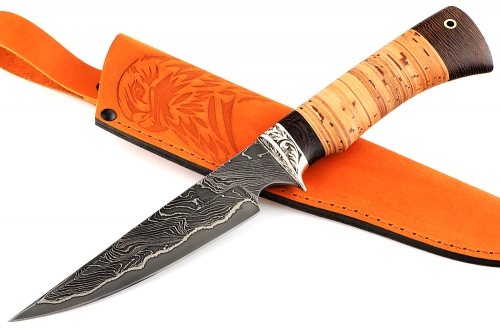 Нож Комар (ламинат - У12 и дамаск с никелем, рукоять береста, гарда мельхиор)