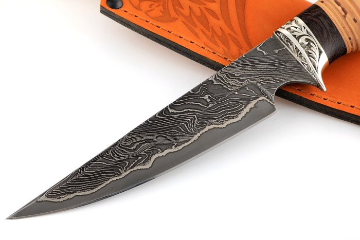 Нож Комар (ламинат - 9ХС и дамаск с никелем, рукоять береста, гарда мельхиор)