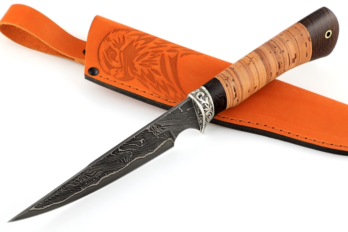 Нож Комар (ламинат - 9ХС и дамаск с никелем, рукоять береста, гарда мельхиор)