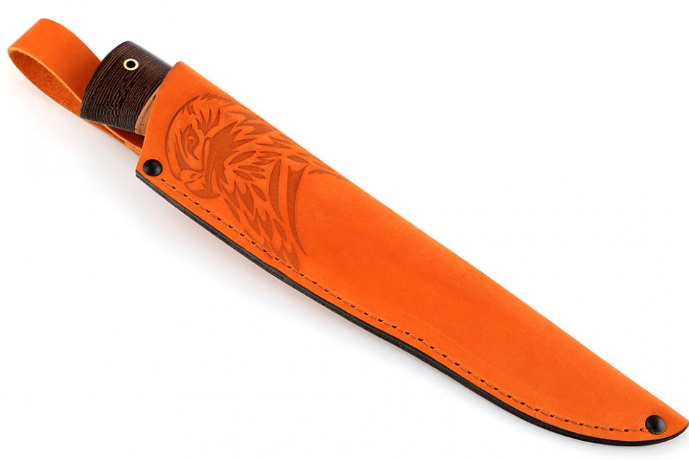 Нож Комар (ламинат - 9ХС и дамаск с никелем, рукоять береста, гарда мельхиор)