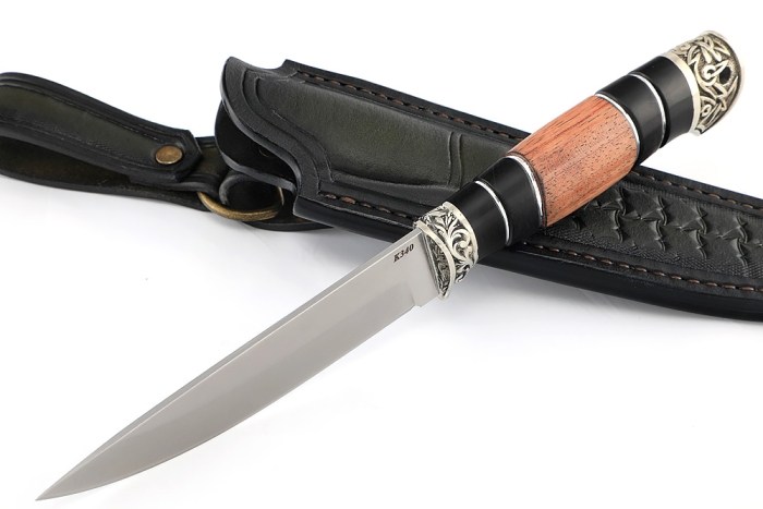Нож Пантера (К340, рукоять наборная бубинга, чёрный граб, мельхиор), формованные ножны