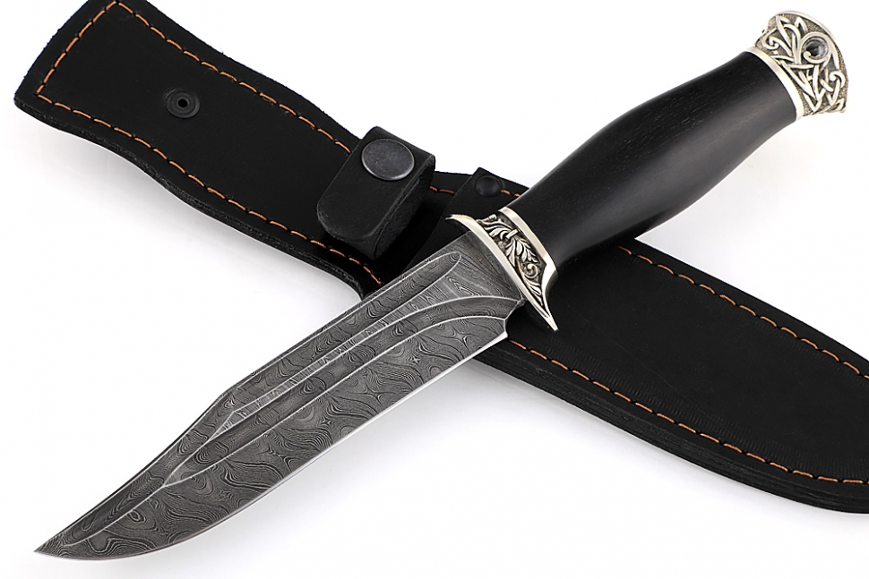 Нож Атака (дамаск-долы, чёрный граб-мельхиор)
