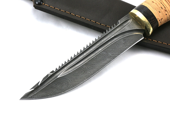 Нож Судак большой (дамаск-долы, береста)