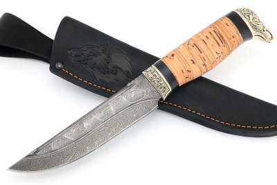 Нож Стрела (дамаск камень долы, мельхиор, береста)